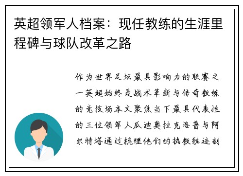 英超领军人档案：现任教练的生涯里程碑与球队改革之路