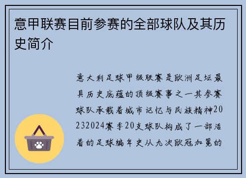 意甲联赛目前参赛的全部球队及其历史简介